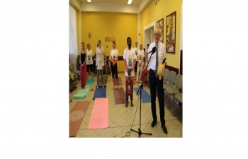 Deputy Mayor of Esztergom Mr. László Bánhidy speaks to the participants of the 5th International Day of Yoga in Esztergom, Hungary.